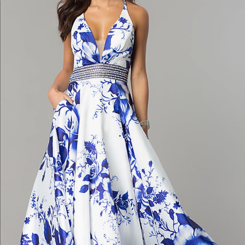 Long Floral Print V-neck Prom Dress